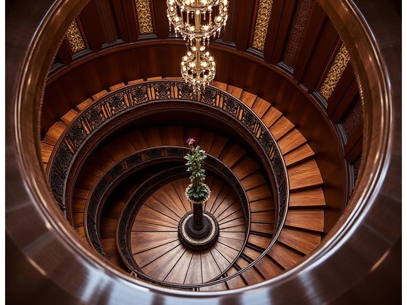 Grand spiral wooden staircase with intricate carvings and polished finish, acting as the centerpiece of a luxurious residential foyer.