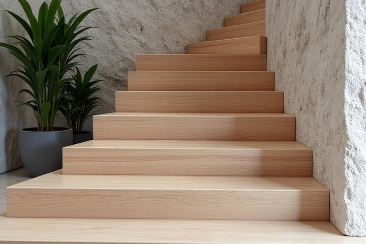 Luxury staircase combining polished light wood treads with rough-hewn stone risers and side walls